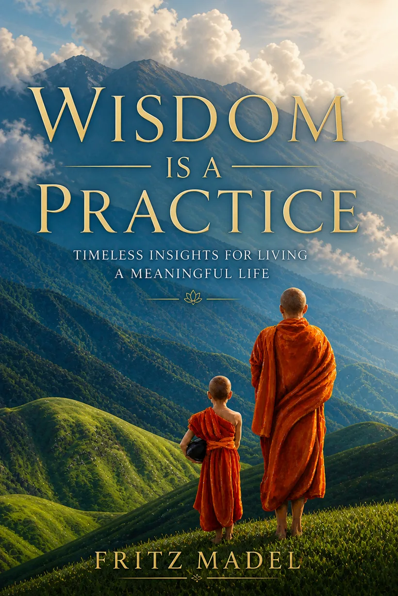 Cover of Wisdom is a Practice — a monk and young apprentice overlooking green mountains.