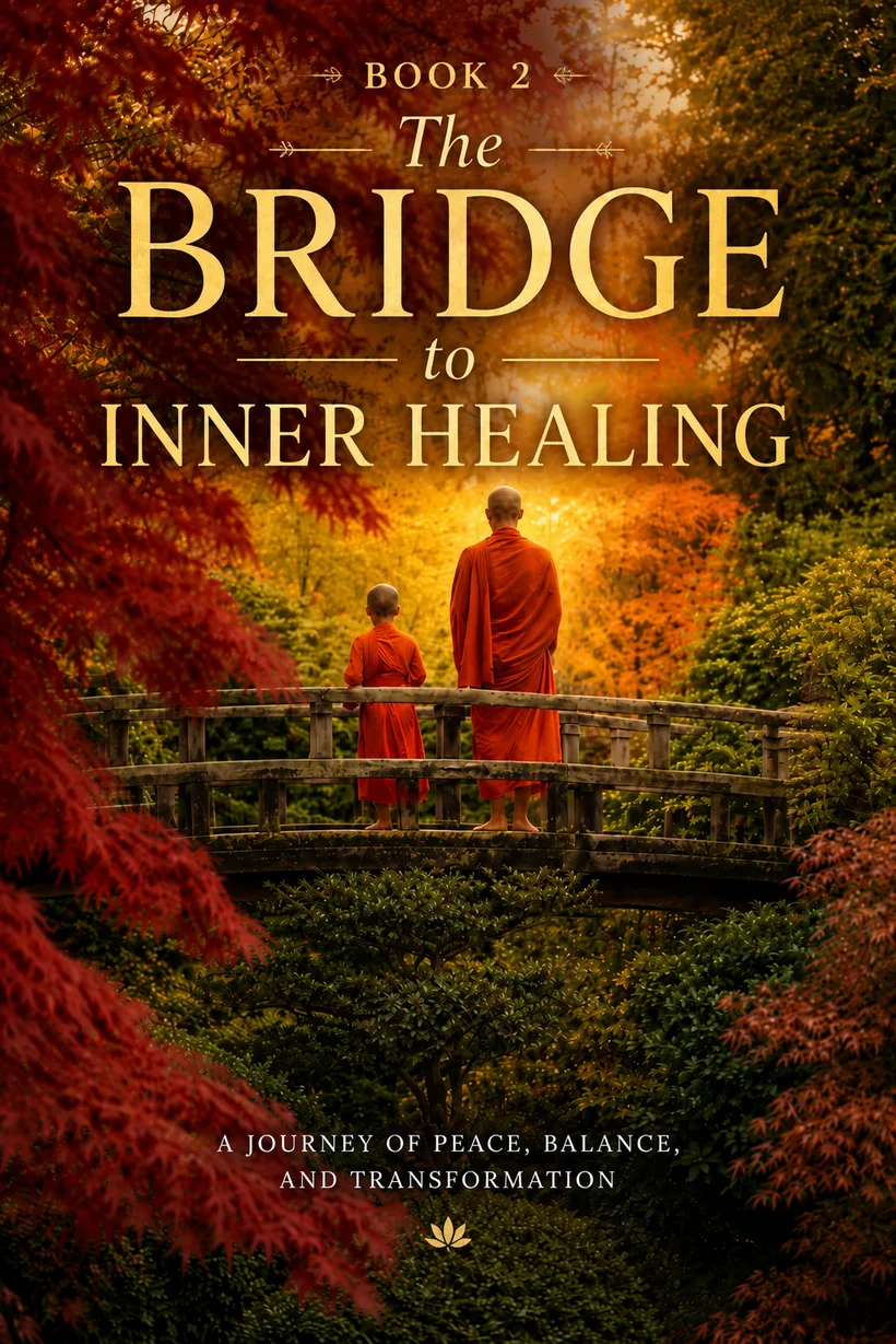 Cover of The Bridge to Inner Healing — a monk and apprentice on a wooden bridge amid autumn maples.