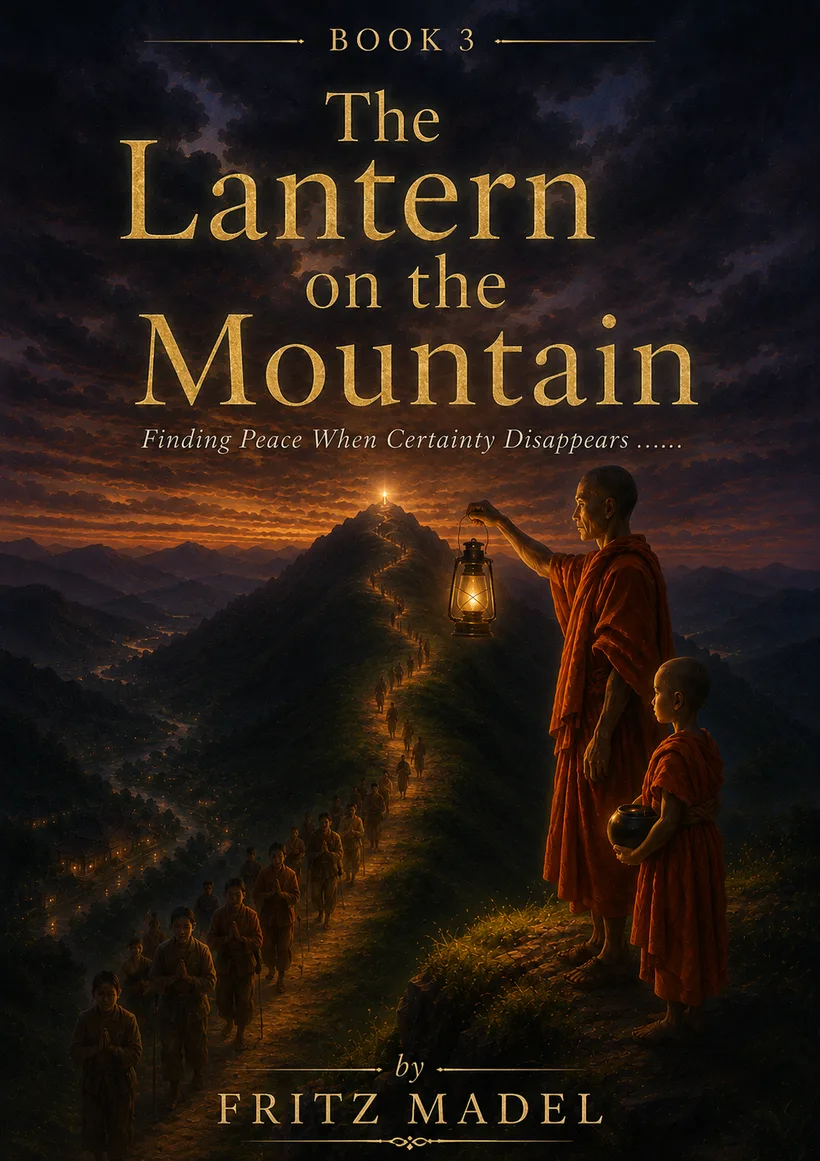 Cover of The Lantern on the Mountain — a monk holding a lantern, leading pilgrims up a mountain path at dusk.